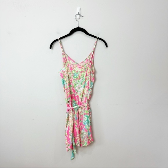 Lilly Pulitzer Deanna Belted Tie Romper Southern Charm Pink Green Floral - Picture 5 of 9